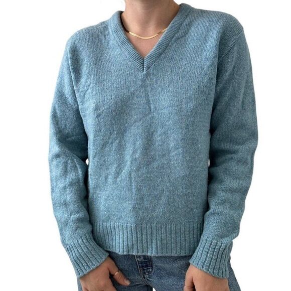 Vintage 1970s Unisex Light Bue Robert Bruce Wool V Neck Sweater Sz M Made USA - Picture 1 of 8